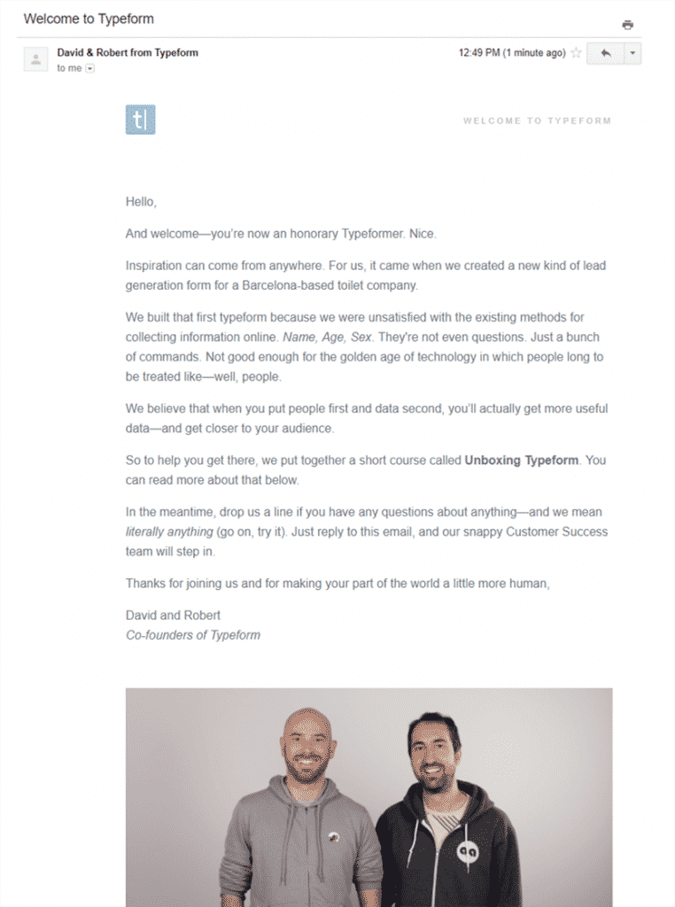 Typeform welcome email