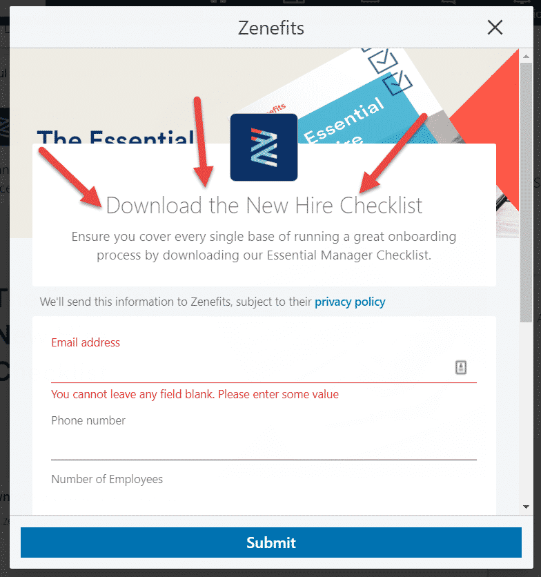 Zenefits lead capture